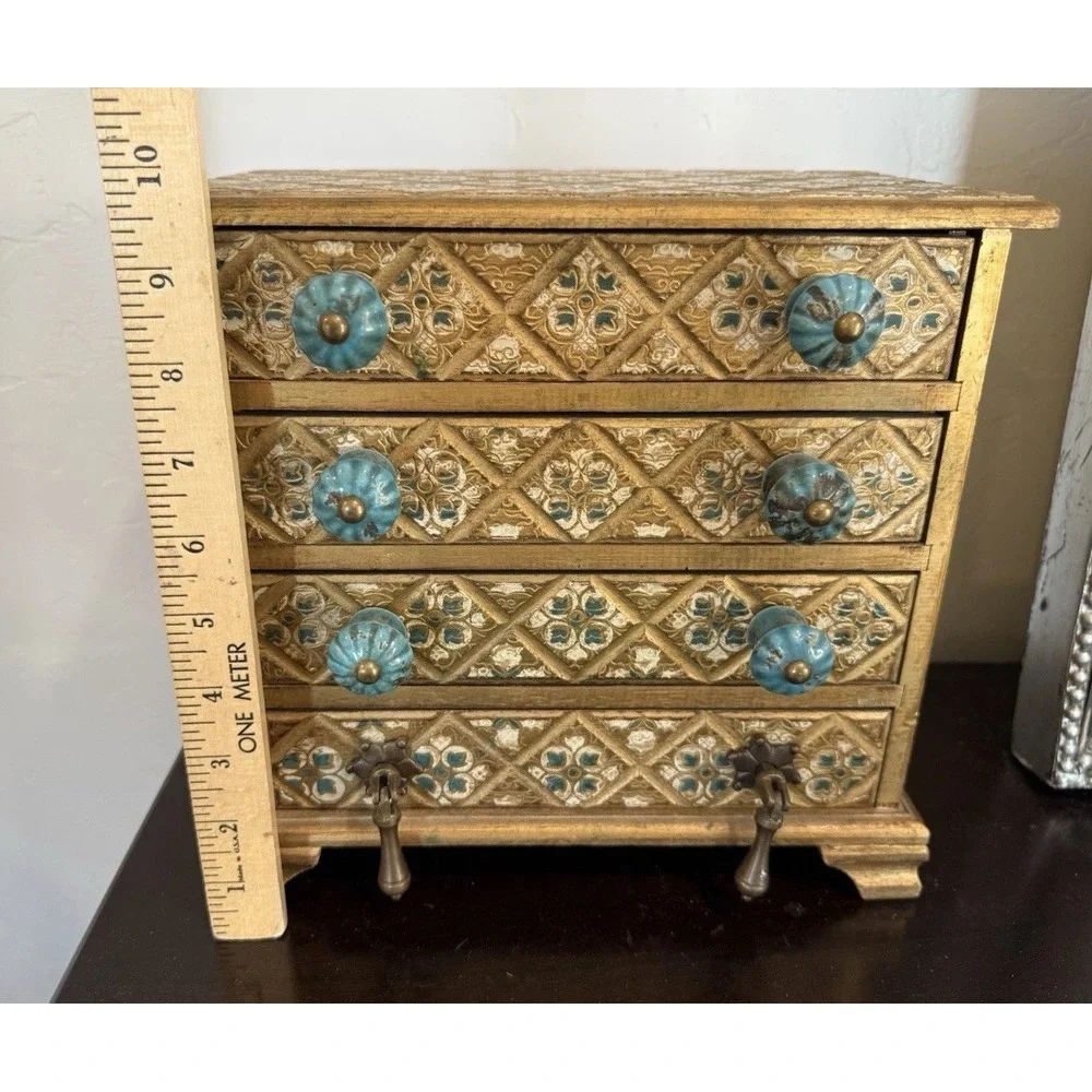 VTG Florentine Style Wooden Jewelry chest 4 Drawer Design Estate Ceramic Knobs